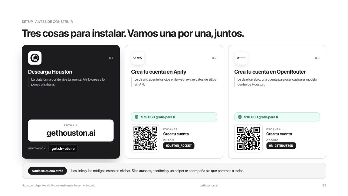 The three workshop accounts: houston, Apify and OpenRouter, with their codes