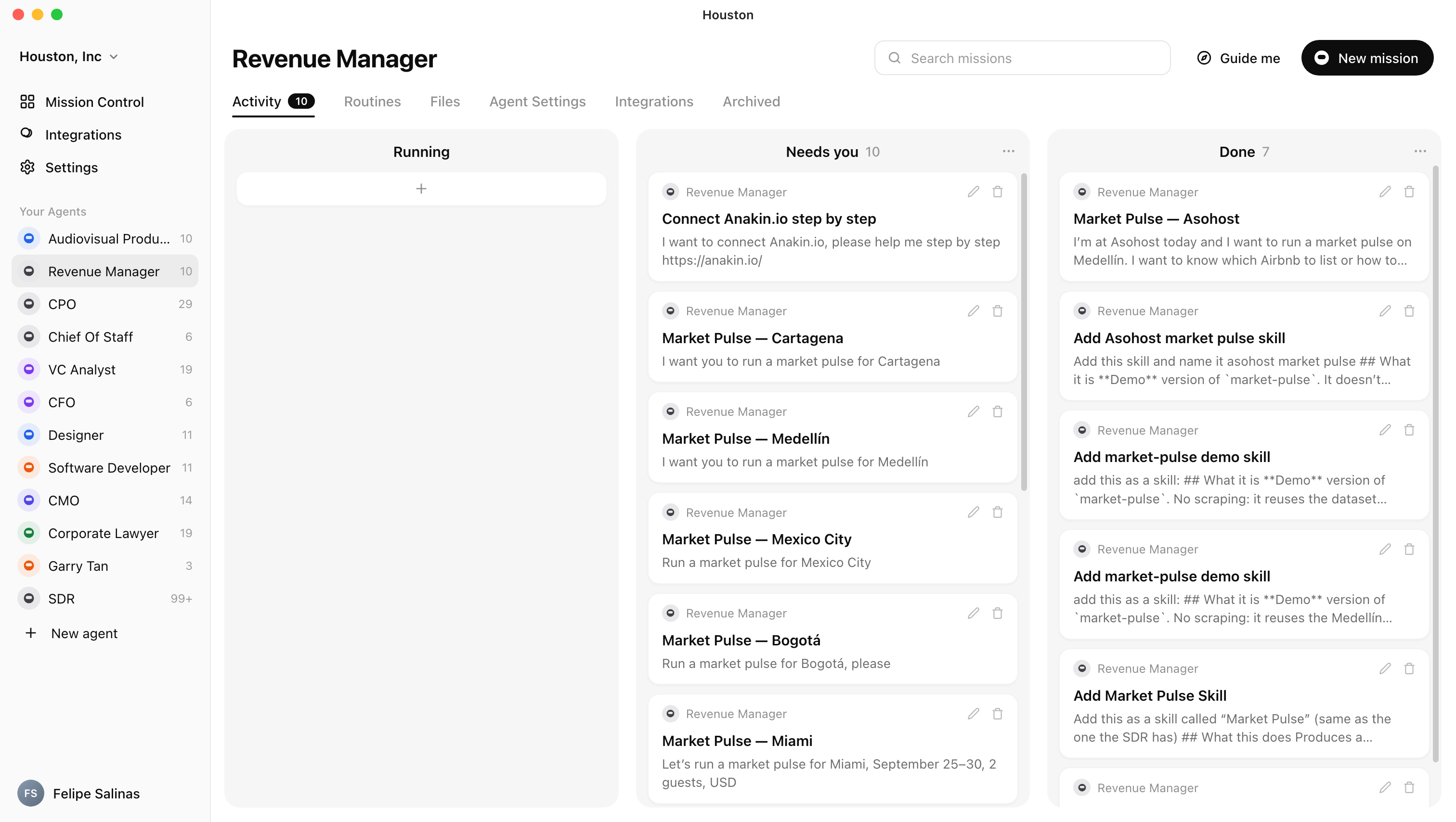 Houston main screen unlocked: agents in the left column and the Revenue Manager board with Market Pulse missions
