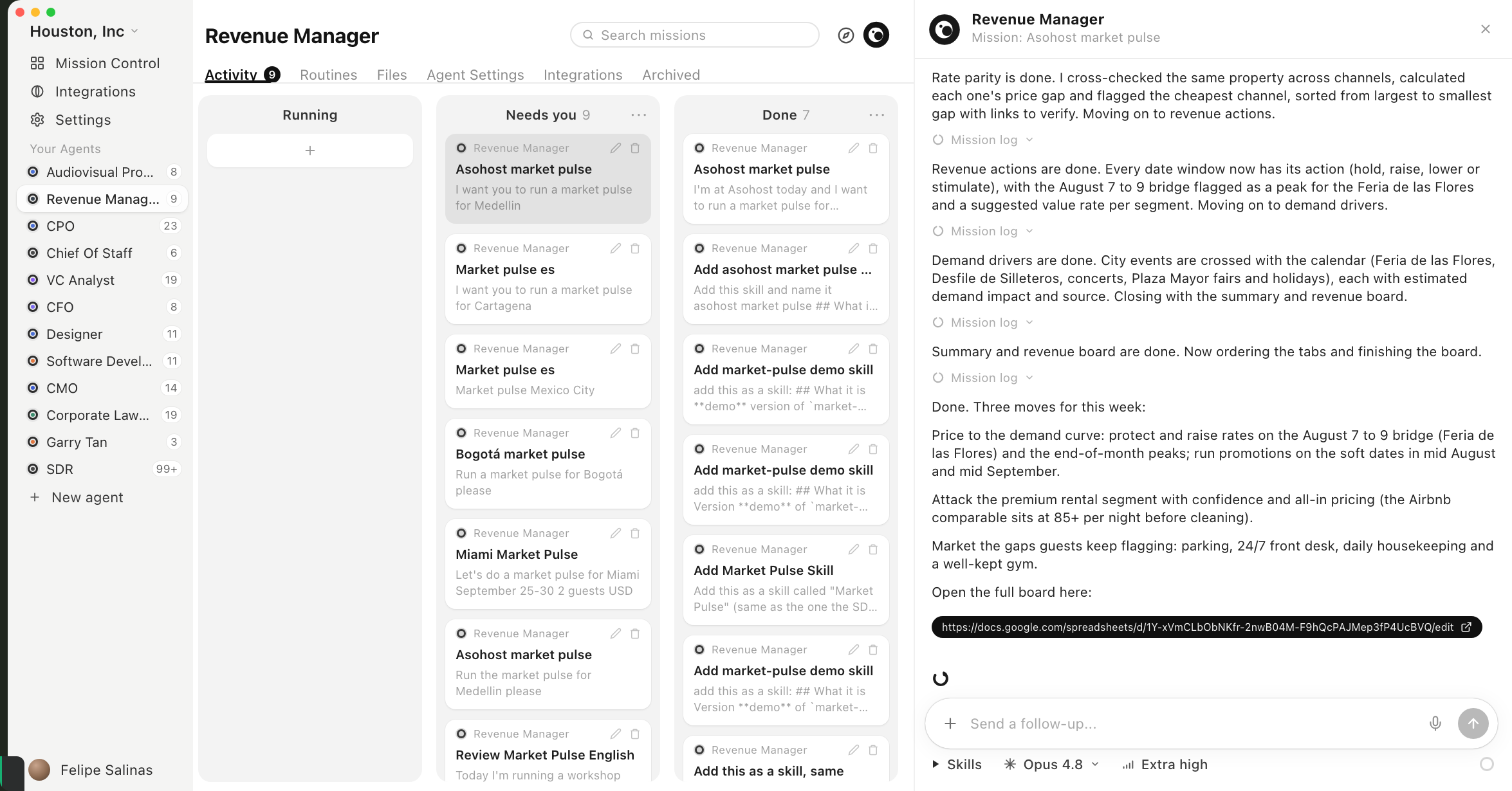 Houston showing the Revenue Manager working in stages: rate parity, revenue actions, demand drivers and summary, with the Google Sheet link at the end