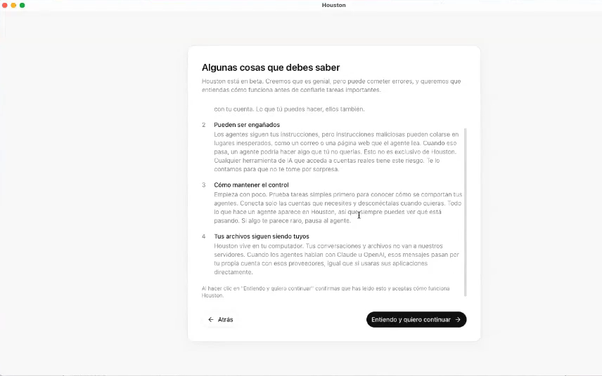 Pantalla de Houston: Algunas cosas que debes saber, con el botón Entiendo y quiero continuar