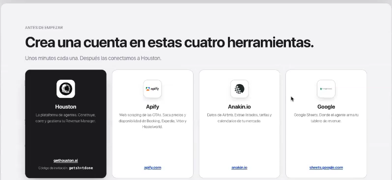 Las cuatro herramientas del workshop: Houston, Apify, Anakin.io y Google