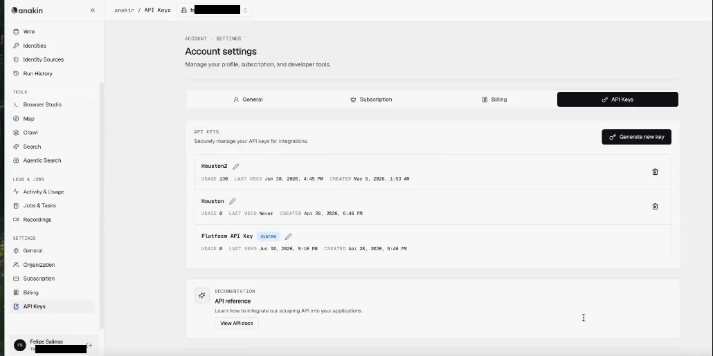 Anakin.io, Account settings, API Keys tab with the Generate new key button