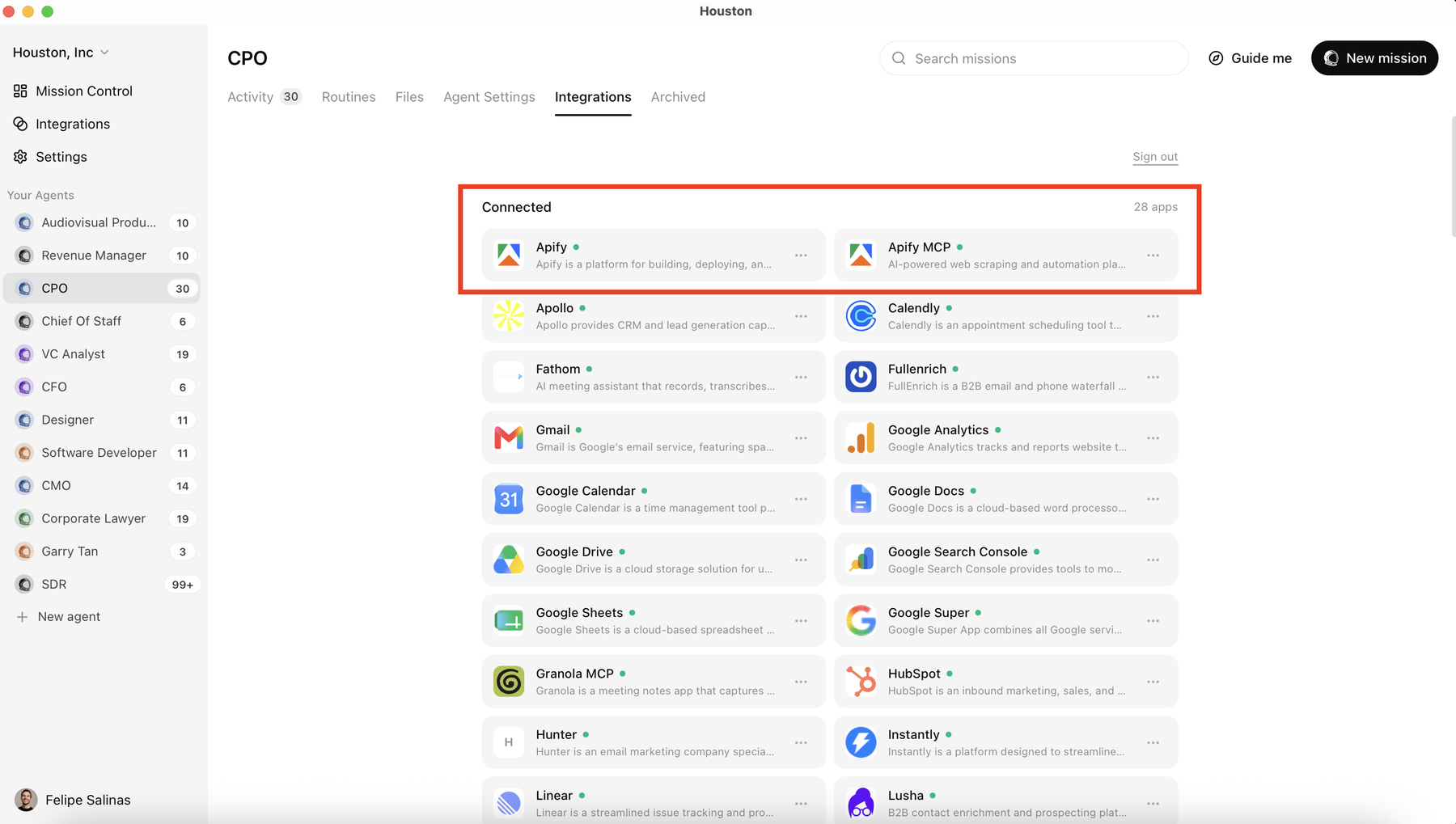 Houston's Integrations section showing Apify and Apify MCP side by side, with Apify MCP as the correct option