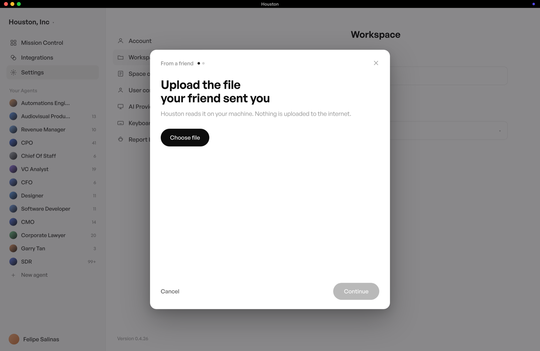 Upload the file your friend sent you dialog, with the Choose file button