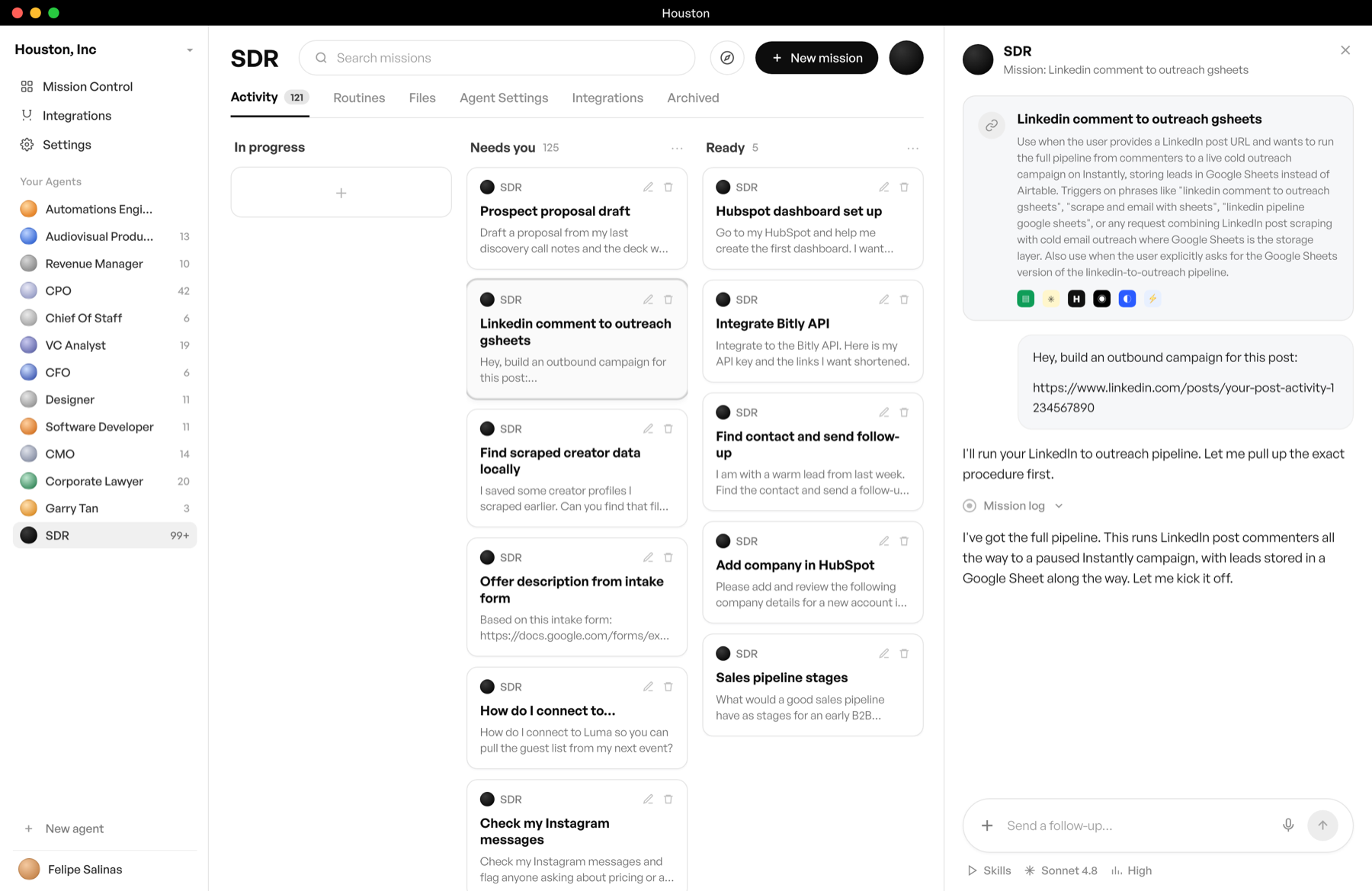 The SDR agent running the LinkedIn Comment to Outreach skill: the mission chat with the post link and the agent kicking off the pipeline toward a paused campaign in Instantly