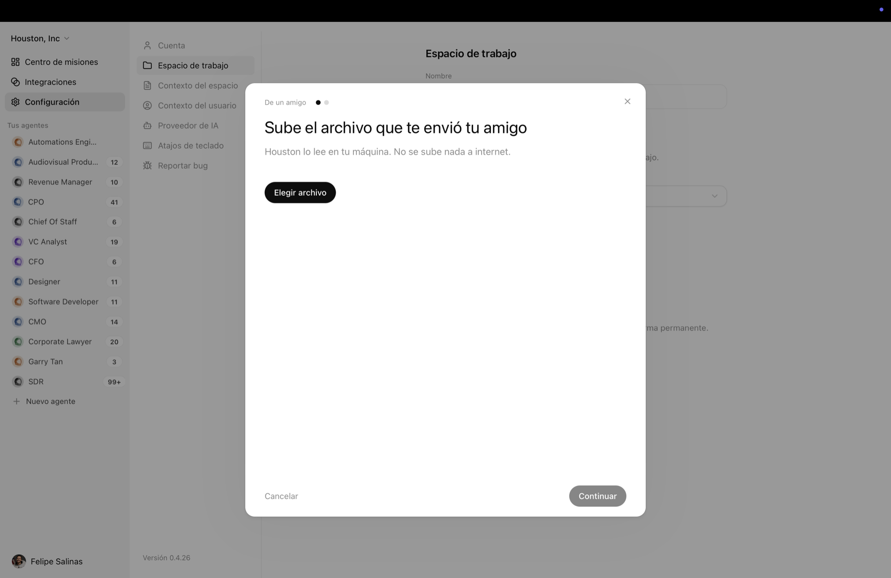 Diálogo Sube el archivo que te envió tu amigo, con el botón Elegir archivo