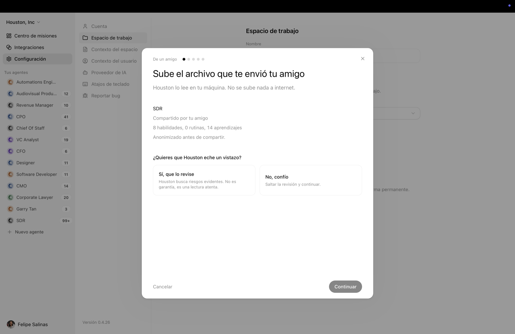 Pantalla de revisión del agente SDR: 8 habilidades, 14 aprendizajes, con las opciones Sí que lo revise y No confío