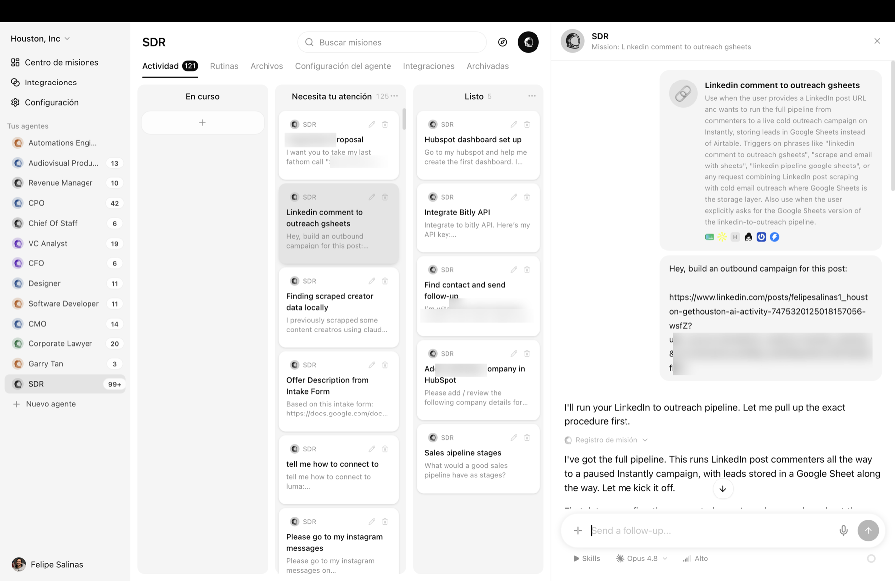 El agente SDR corriendo el skill LinkedIn Comment to Outreach: el chat de la misión con el enlace del post y el agente arrancando el pipeline hacia una campaña en pausa en Instantly